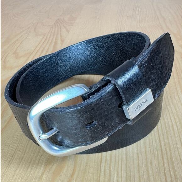VTG 90s Y2K Mens Fossil Belt Black Leather Silver Hardware Medium 32-34" - Picture 1 of 6